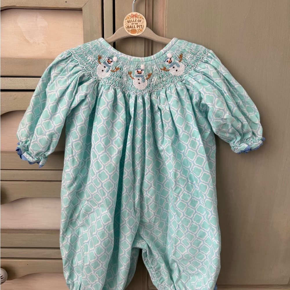 Aqua Baby Romper with Snowman Embroidery
